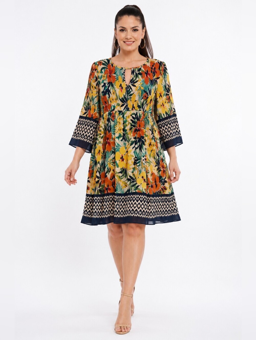Emma & Michele Women's Tropical Floral Pleated Tunic Dress Size Medium.